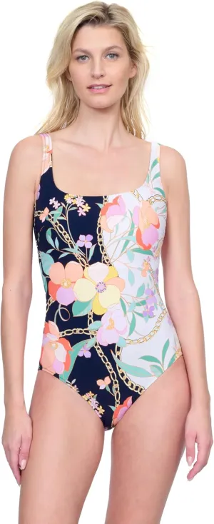 Gottex Memories of Capri Women’s Multi Floral Chain Print Square Neck One Piece Swimsuit with Soft Cups Tummy Control