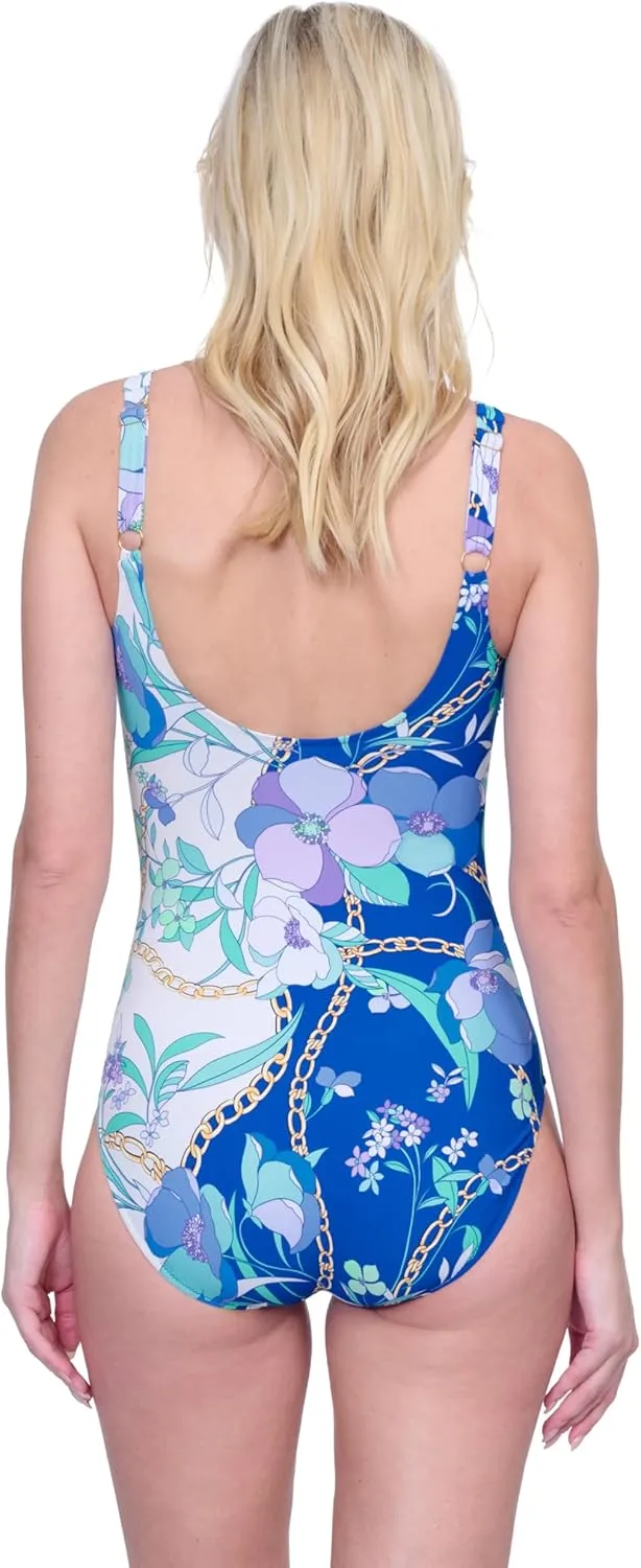 Gottex Memories of Capri Women’s Multi Floral Chain Print Square Neck One Piece Swimsuit with Soft Cups Tummy Control