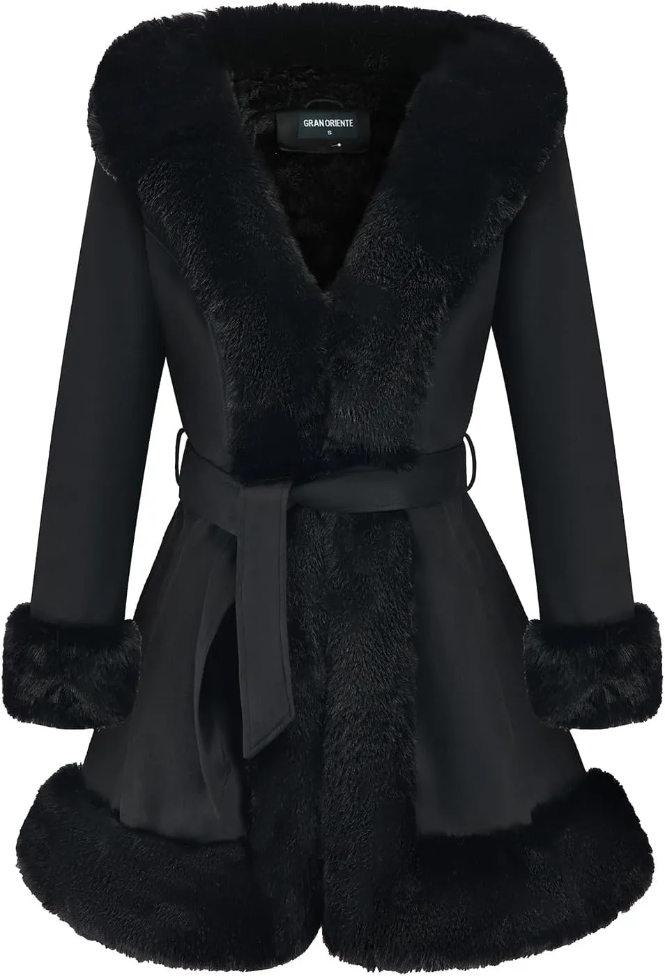 GRAN ORIENTE Suede Jacket for Women with Faux Fur Collar,Long Sleeve Warm Winter Parka Coat with Belt Outerwear