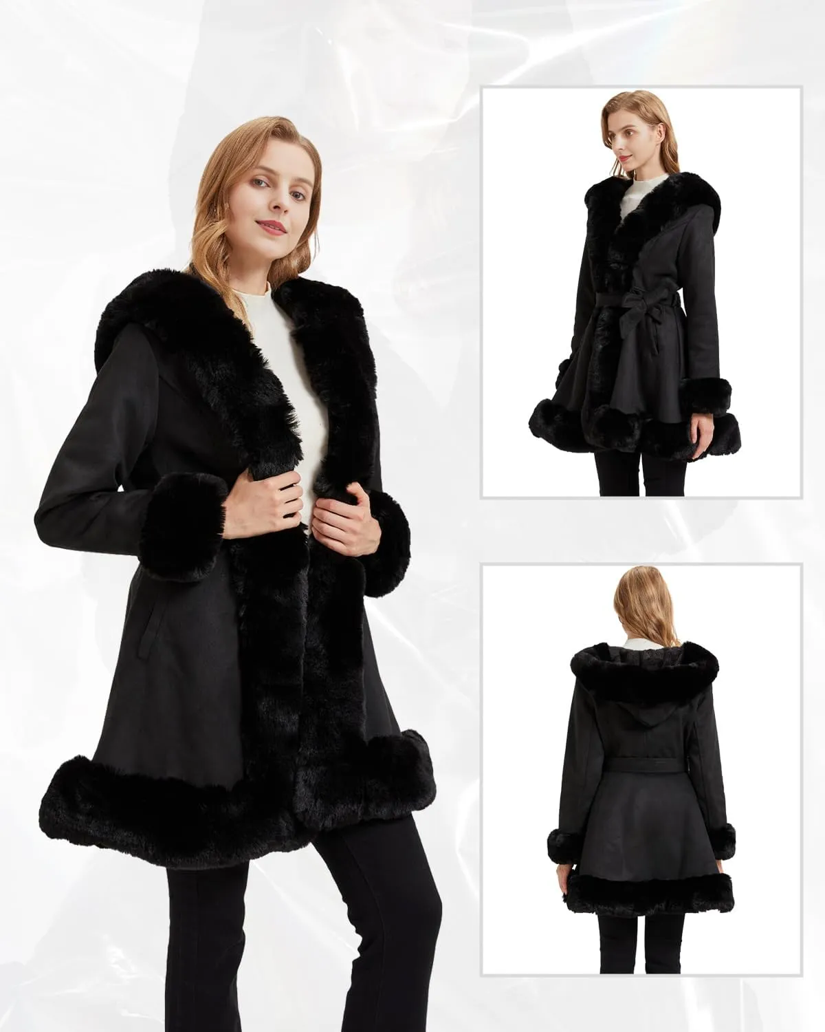 GRAN ORIENTE Suede Jacket for Women with Faux Fur Collar,Long Sleeve Warm Winter Parka Coat with Belt Outerwear