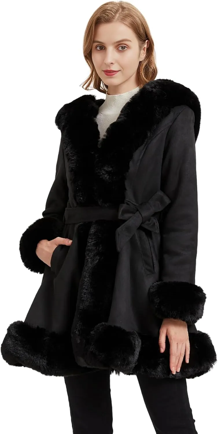 GRAN ORIENTE Suede Jacket for Women with Faux Fur Collar,Long Sleeve Warm Winter Parka Coat with Belt Outerwear