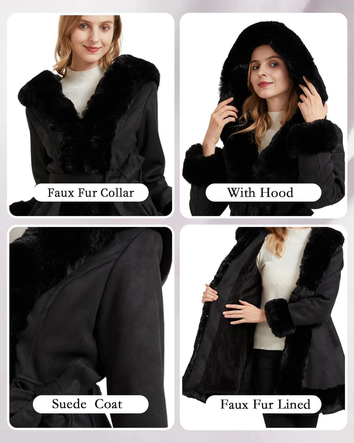 GRAN ORIENTE Suede Jacket for Women with Faux Fur Collar,Long Sleeve Warm Winter Parka Coat with Belt Outerwear
