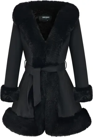 GRAN ORIENTE Suede Jacket for Women with Faux Fur Collar,Long Sleeve Warm Winter Parka Coat with Belt Outerwear
