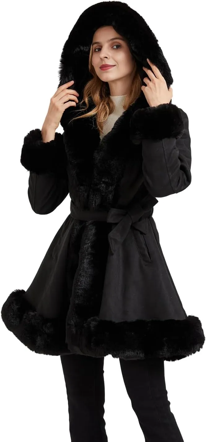 GRAN ORIENTE Suede Jacket for Women with Faux Fur Collar,Long Sleeve Warm Winter Parka Coat with Belt Outerwear