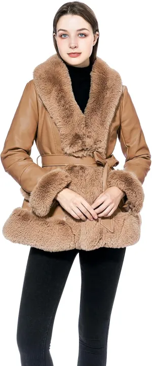 GRAN ORIENTE Women's Faux Leather Jacket with Faux Fur Collar, Winter Long Sleeve Furry Trim Peplum Parka Coat with Belt