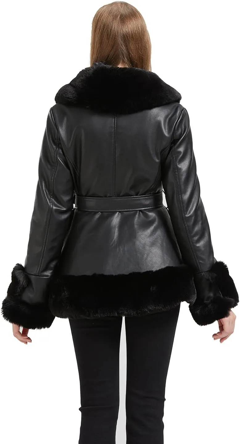 GRAN ORIENTE Women's Faux Leather Jacket with Faux Fur Collar, Winter Long Sleeve Furry Trim Peplum Parka Coat with Belt