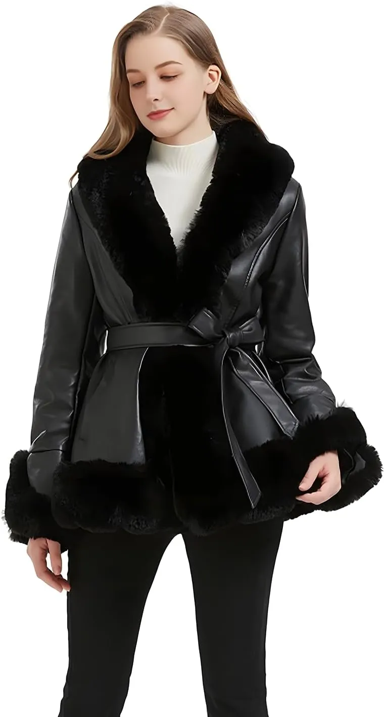 GRAN ORIENTE Women's Faux Leather Jacket with Faux Fur Collar, Winter Long Sleeve Furry Trim Peplum Parka Coat with Belt
