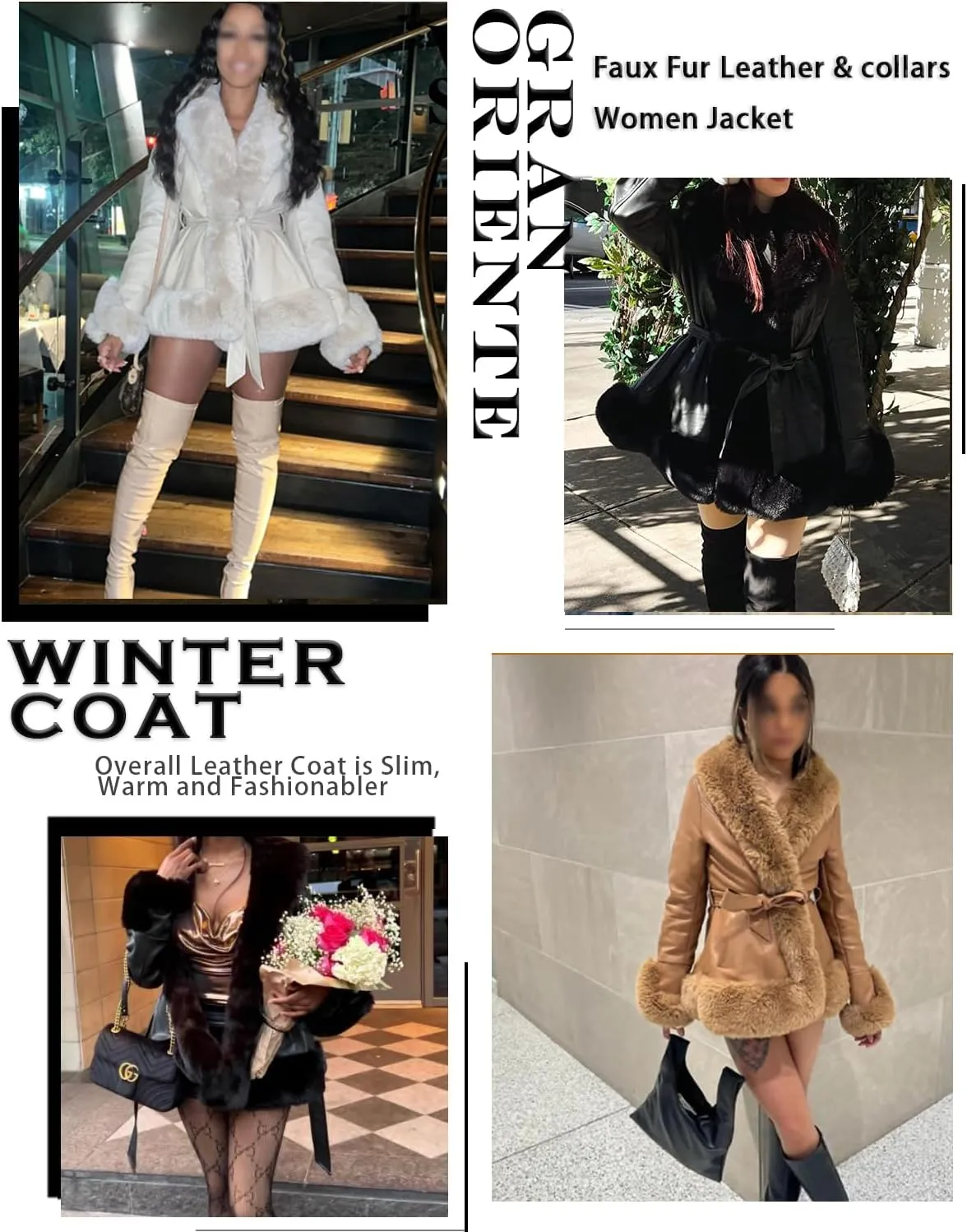 GRAN ORIENTE Women's Faux Leather Jacket with Faux Fur Collar, Winter Long Sleeve Furry Trim Peplum Parka Coat with Belt