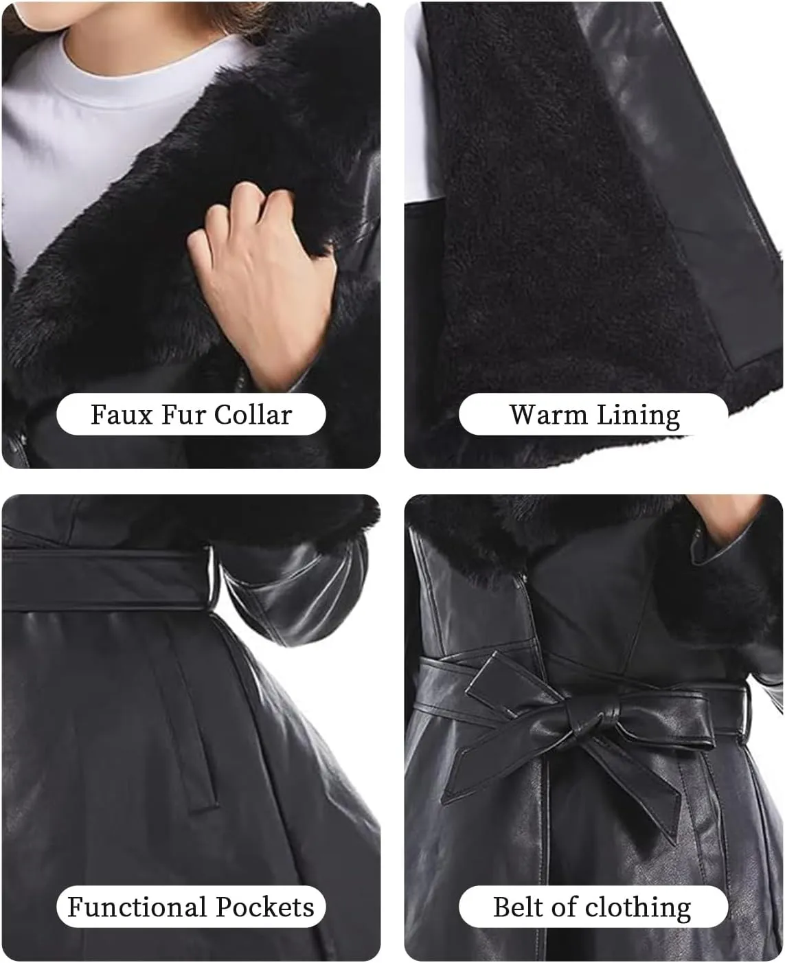 GRAN ORIENTE Women's Faux Leather Jacket with Faux Fur Collar, Winter Long Sleeve Furry Trim Peplum Parka Coat with Belt