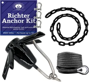 Greenfield Richter Boat Anchor Kit, Professional, Includes USA Spike River Anchor, 100' Anchor Rope, and Coated Anchor Chain. for Rivers, Lakes, Sand, Mud, and More