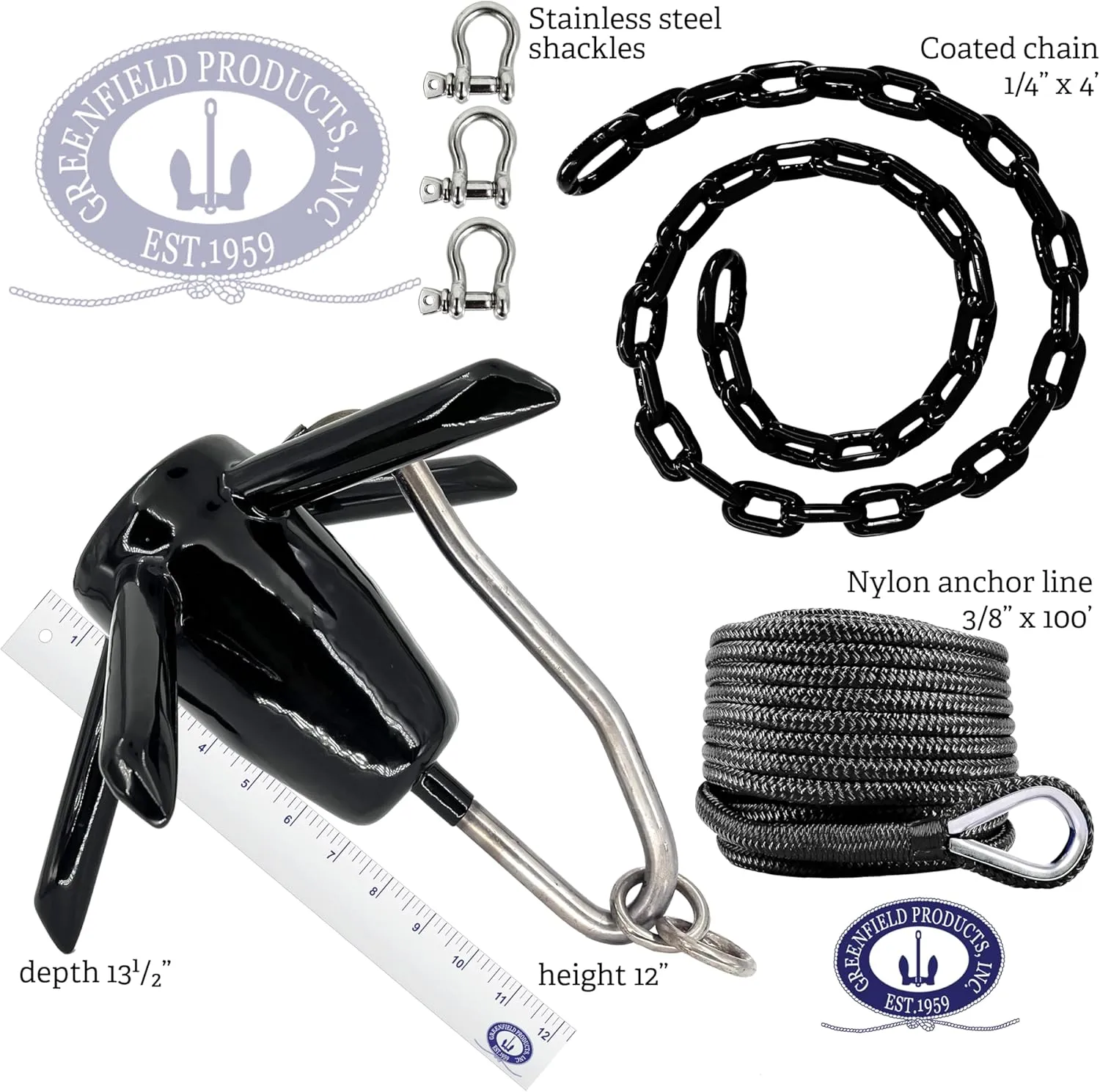 Greenfield Richter Boat Anchor Kit, Professional, Includes USA Spike River Anchor, 100' Anchor Rope, and Coated Anchor Chain. for Rivers, Lakes, Sand, Mud, and More