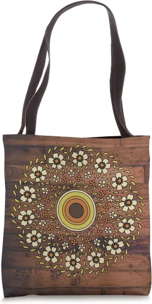 Groovy Mandala with Rustic Natural Board Slats Print Tote Bag