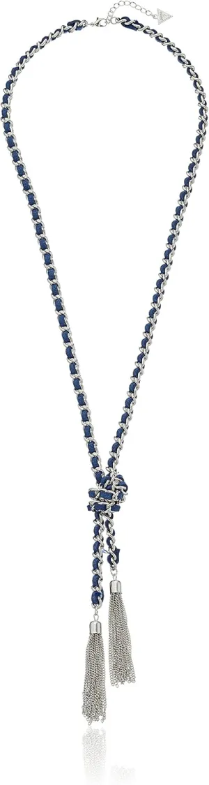 GUESS "Basic" Silver and Denim Woven Tassel Y-Shaped Necklace, 30"   2" Extender