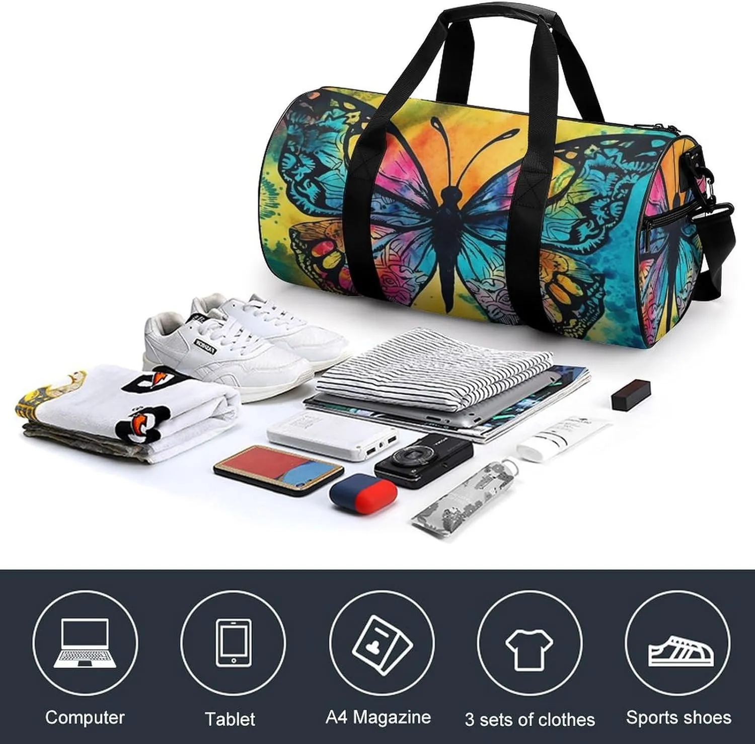 Gym Bag for Men Women Butterfly Tie Dye Duffel Bag Overnight Bag with Compartment Gym Sackpac