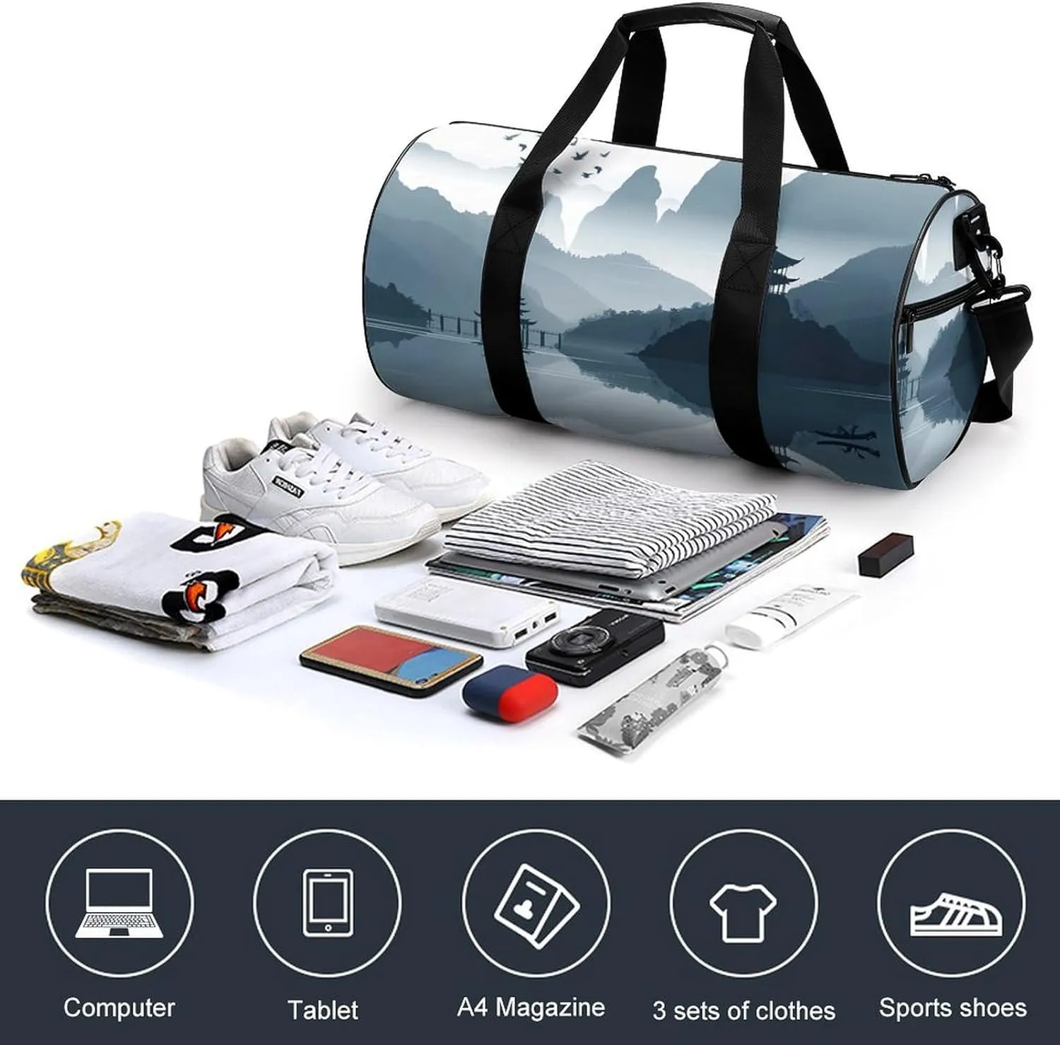 Gym Bag for Men Women Chinese Style Landscape Duffel Bag Overnight Bag with Compartment Gym Sackpac