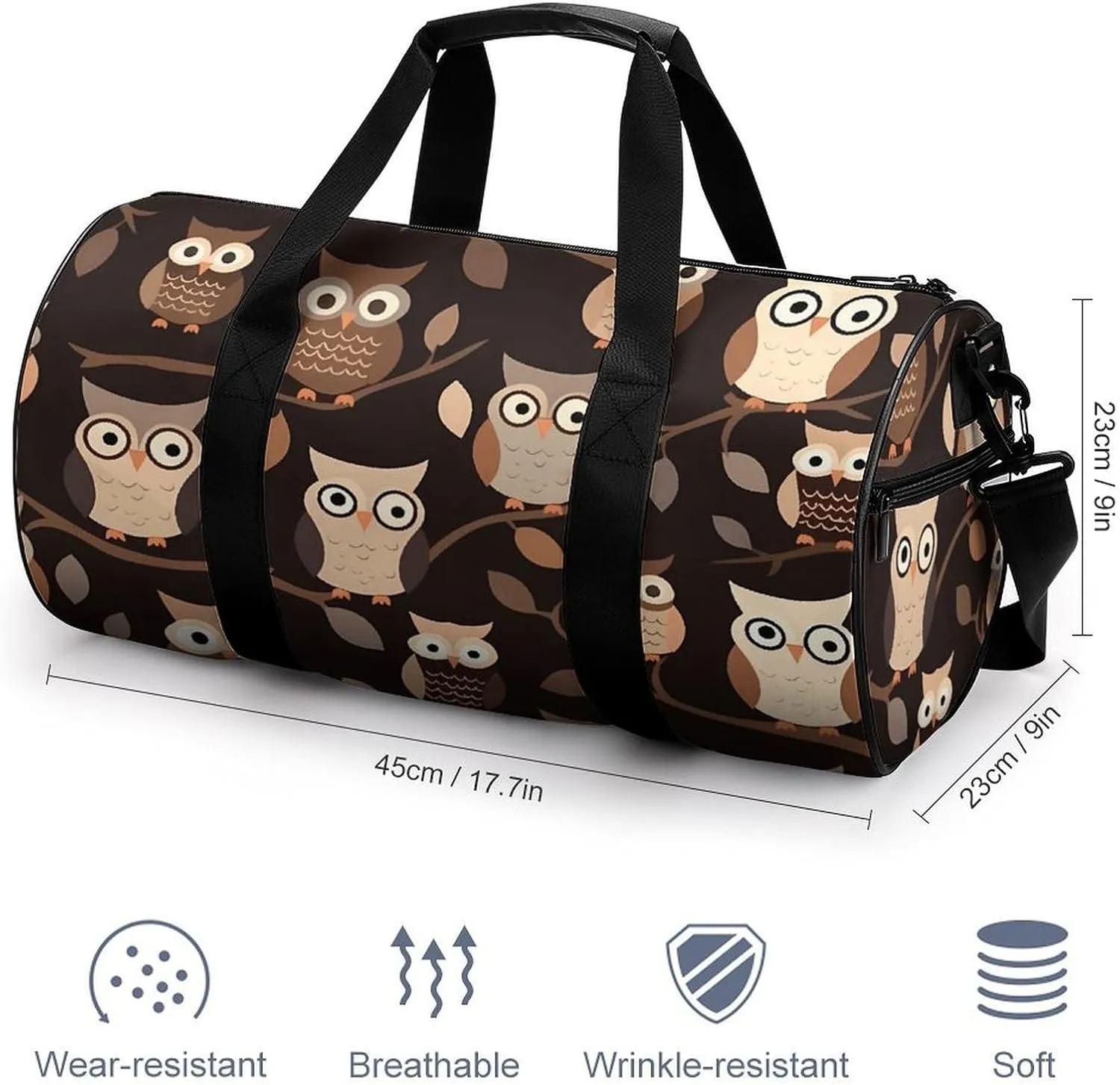 Gym Bag for Men Women Cute Brown Cartoon Owls Duffel Bag Overnight Bag with Compartment Gym Sackpac