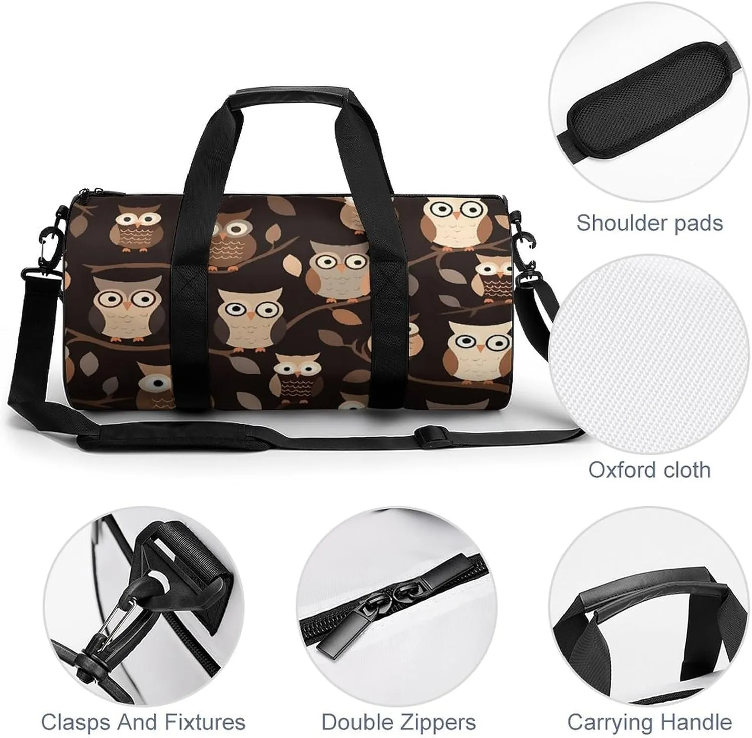 Gym Bag for Men Women Cute Brown Cartoon Owls Duffel Bag Overnight Bag with Compartment Gym Sackpac