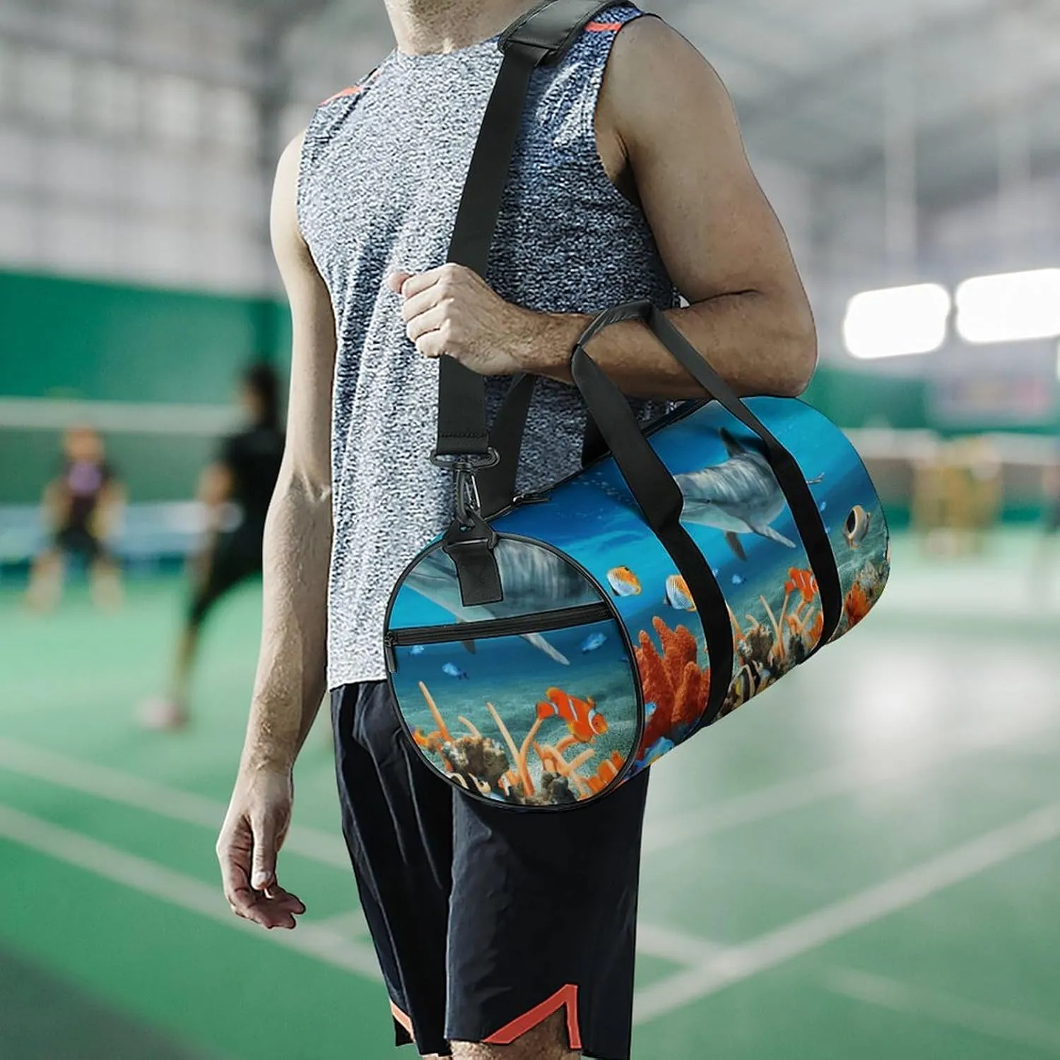Gym Bag for Men Women Dolphins Blue Duffel Bag Overnight Bag with Compartment Gym Sackpac