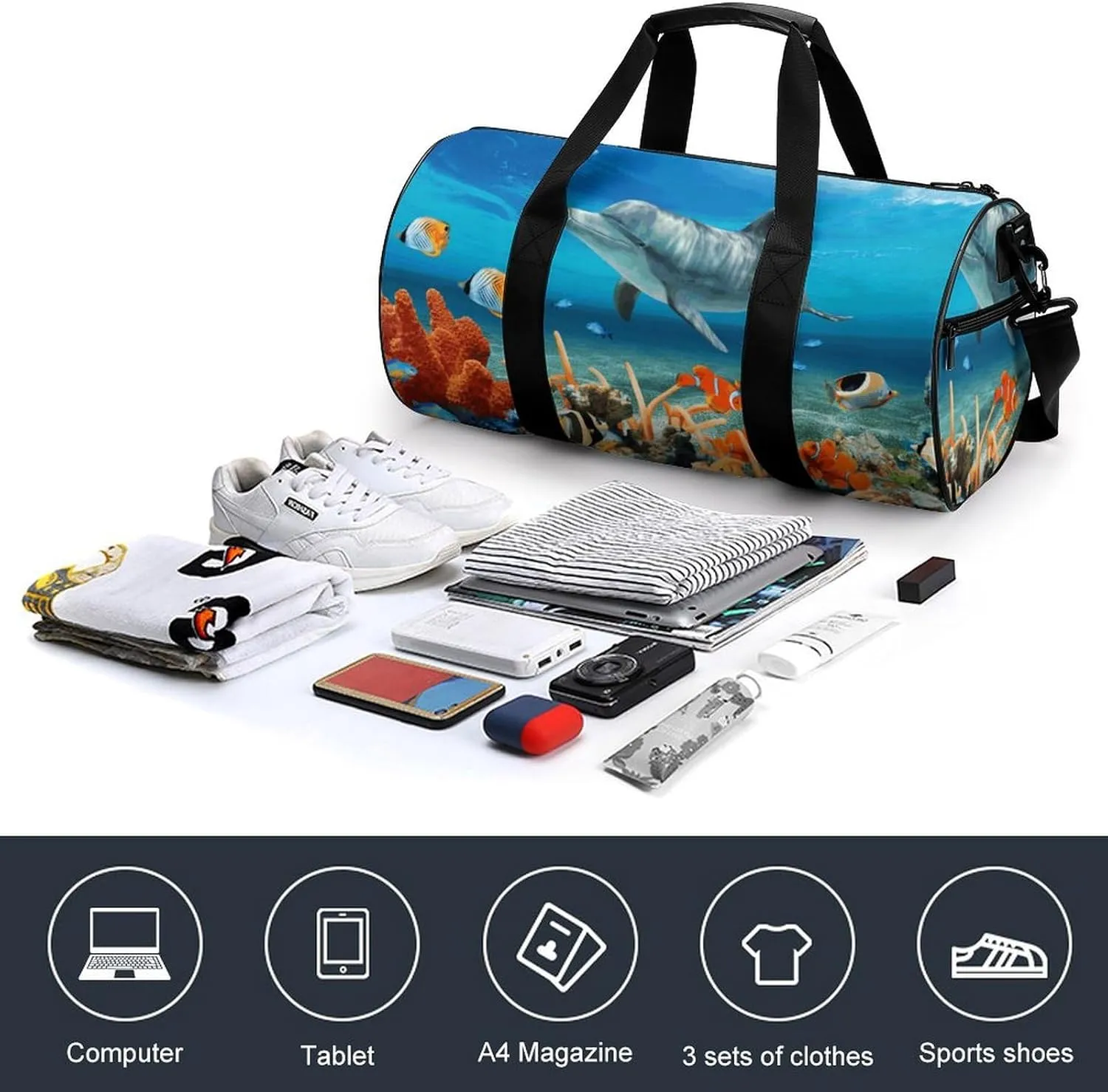 Gym Bag for Men Women Dolphins Blue Duffel Bag Overnight Bag with Compartment Gym Sackpac