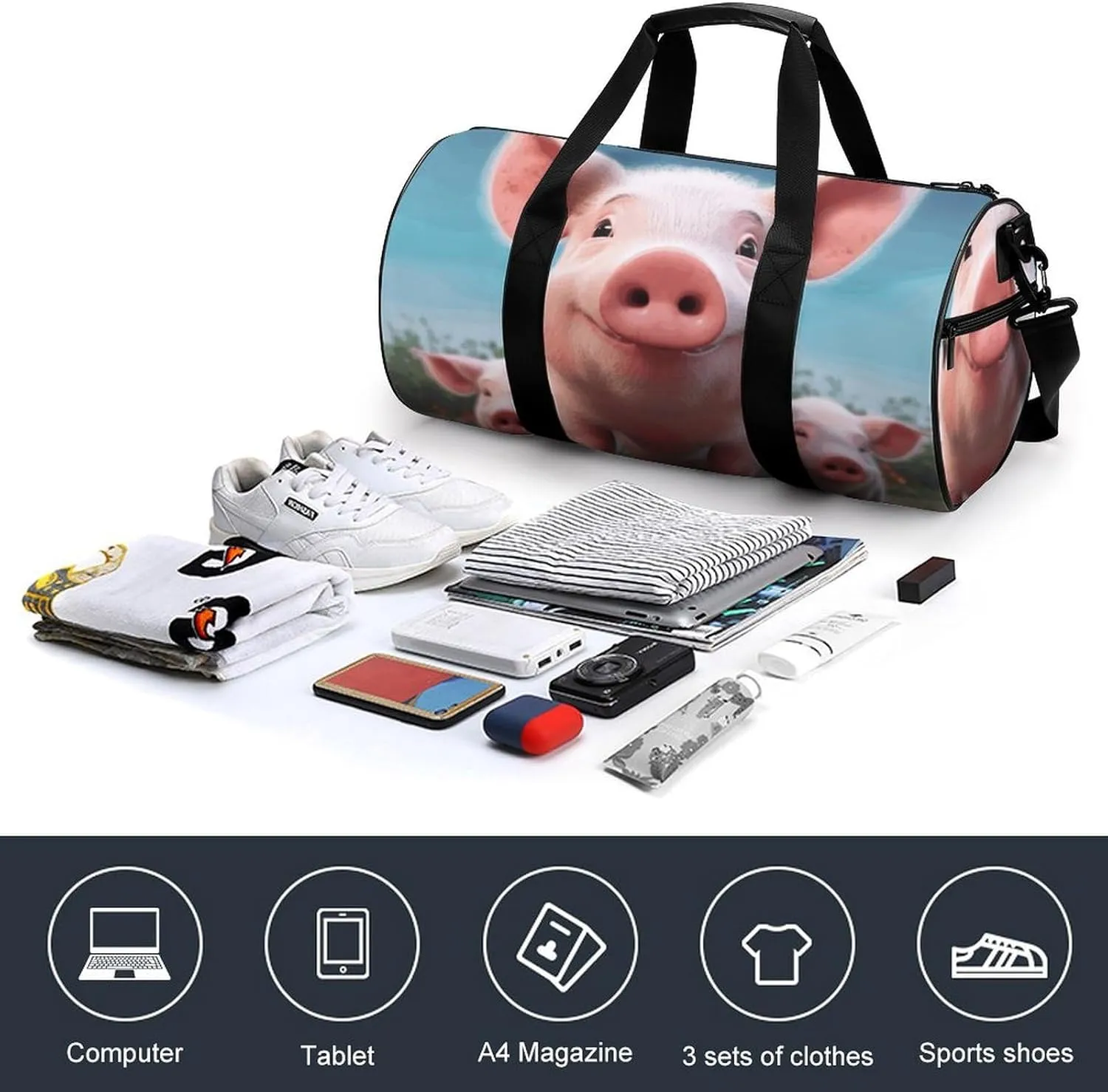 Gym Bag for Men Women Funny Cute Pig Duffel Bag Overnight Bag with Compartment Gym Sackpac