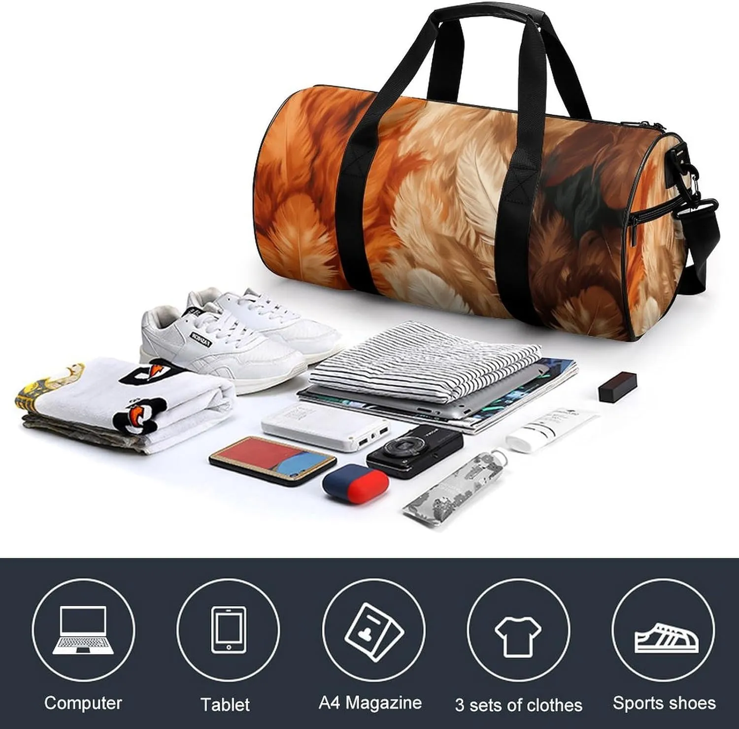 Gym Bag White Fur Pattern Duffel Bag for Men Women Overnight Bag with Shoe Compartment Workout Bags