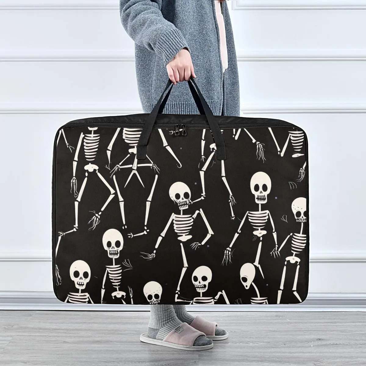 Halloween Skeletons Poses Storage Bags, 27.5x19.7x11 In, Extra Large Storage Duffle Bag with Zippers and Handles Collapsible Storage Totes for Storing, Camping, Packing and Moving Supplies