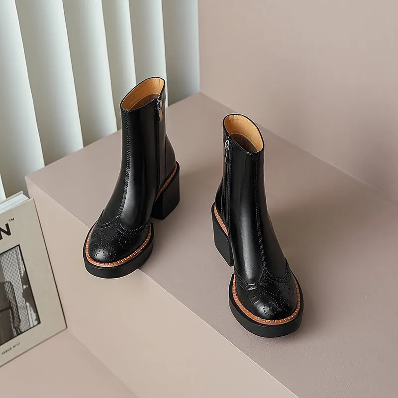 Hanan Block Heel Black Brogue Boots