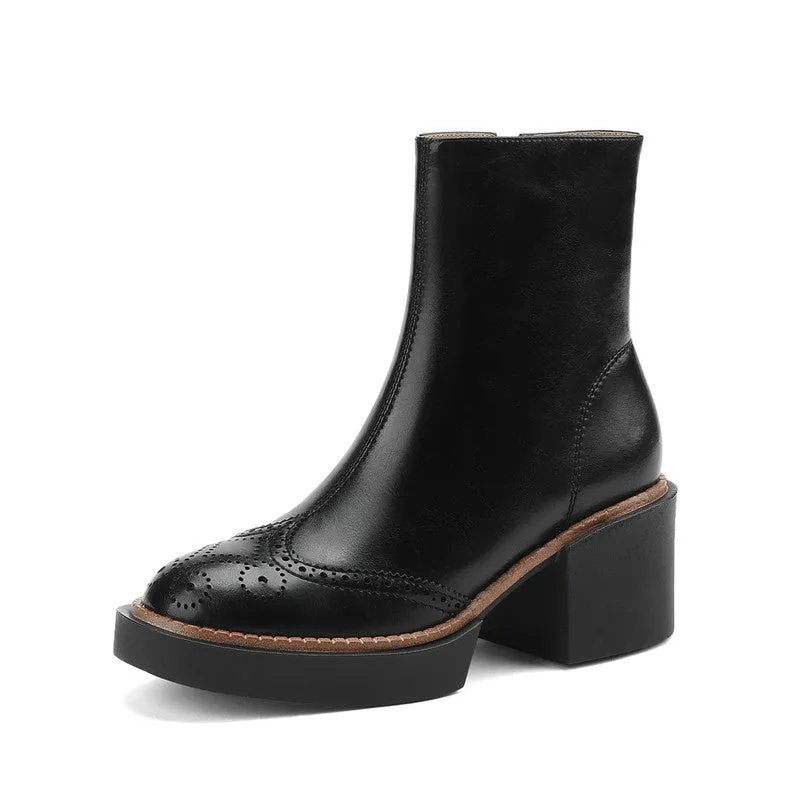 Hanan Block Heel Black Brogue Boots