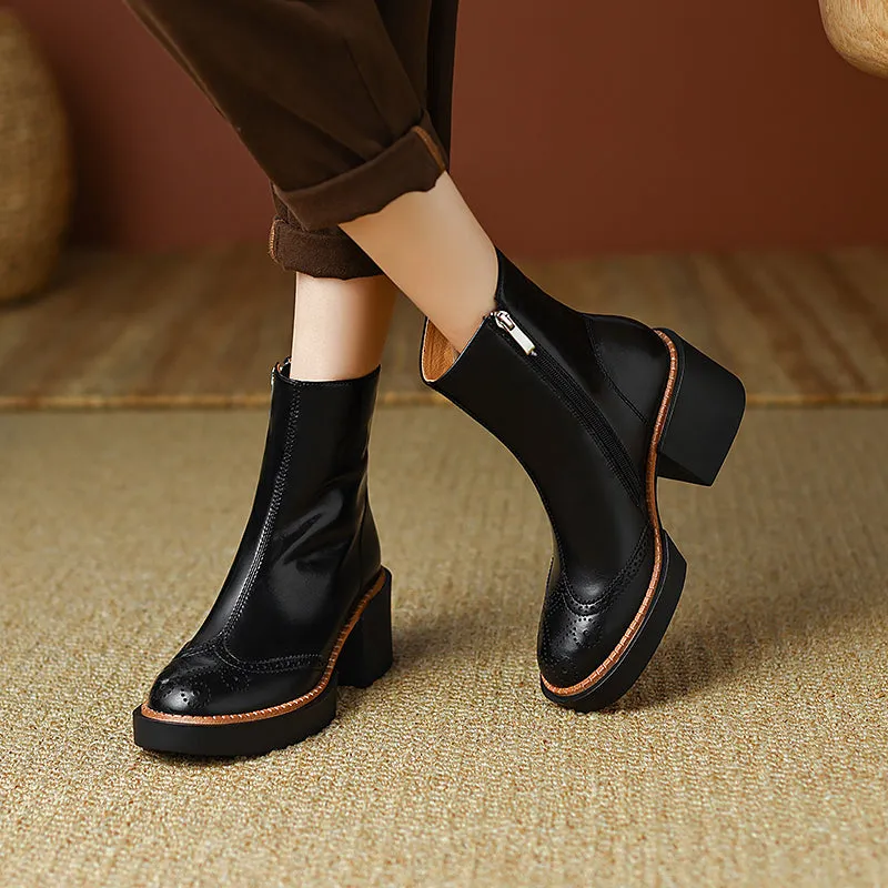 Hanan Block Heel Black Brogue Boots