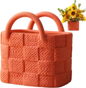 Handbag Vase Rustic Ceramic Woven Texture Purse Vase with Handle DIY Friendly Decorative 4.53x4.92 Flower Pot for Home, Office, Hotel, Cafe Handbag