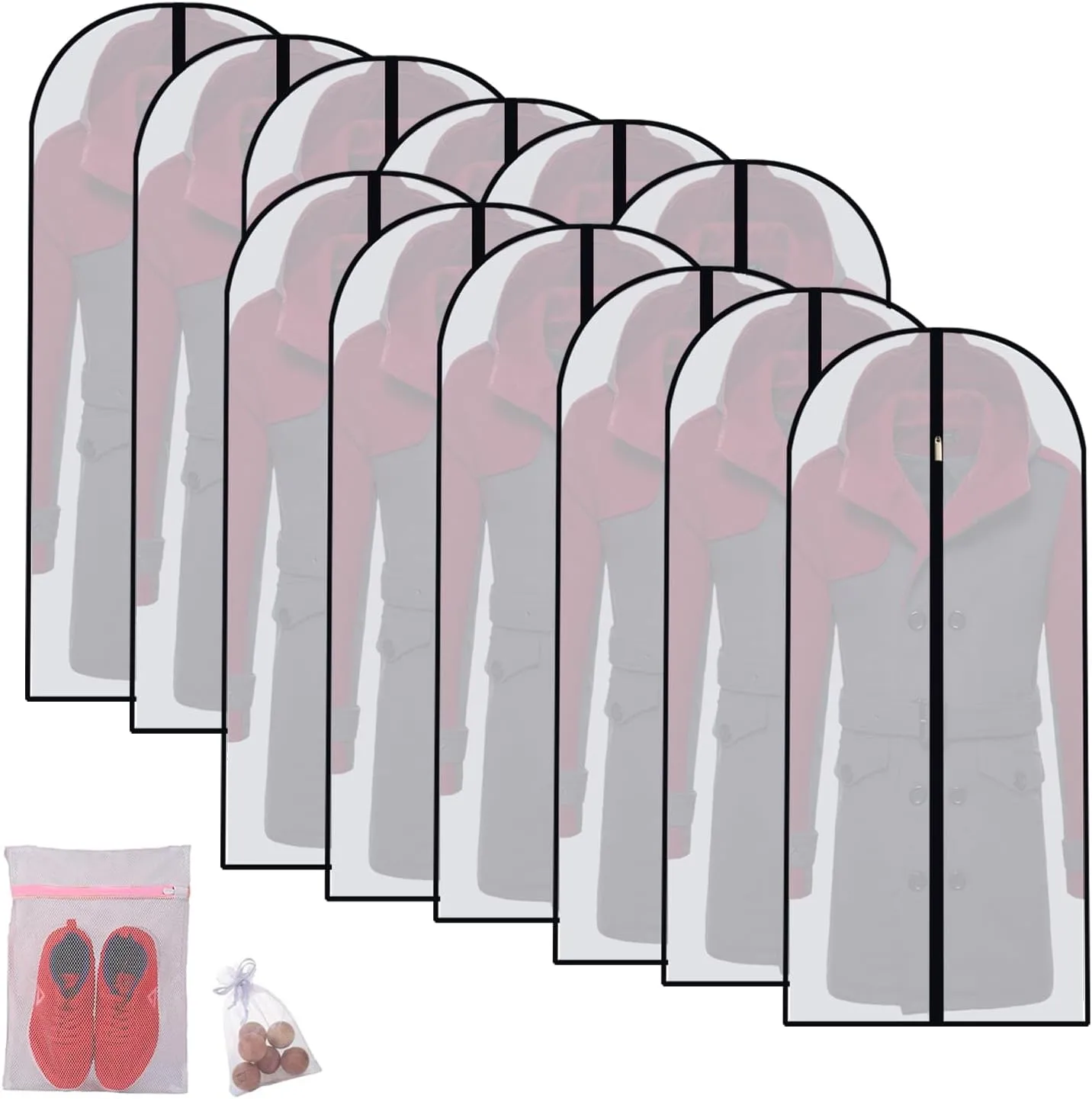 Hanging Garment Bags (Set of 12) - Black, 24'' x 40'' - Polyethylene - Zipper Closure - Perfect for Suits, Dresses, Shirts