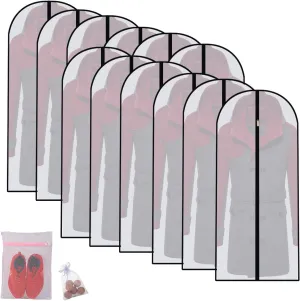 Hanging Garment Bags (Set of 12) - Black, 24'' x 40'' - Polyethylene - Zipper Closure - Perfect for Suits, Dresses, Shirts