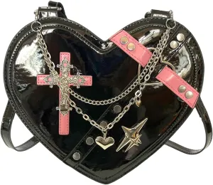 Harajuku Y2K Pastel Goth Black Heart Shaped Punk Cross Rivet Studded Decor Cute Cross-body Shoulder Bag