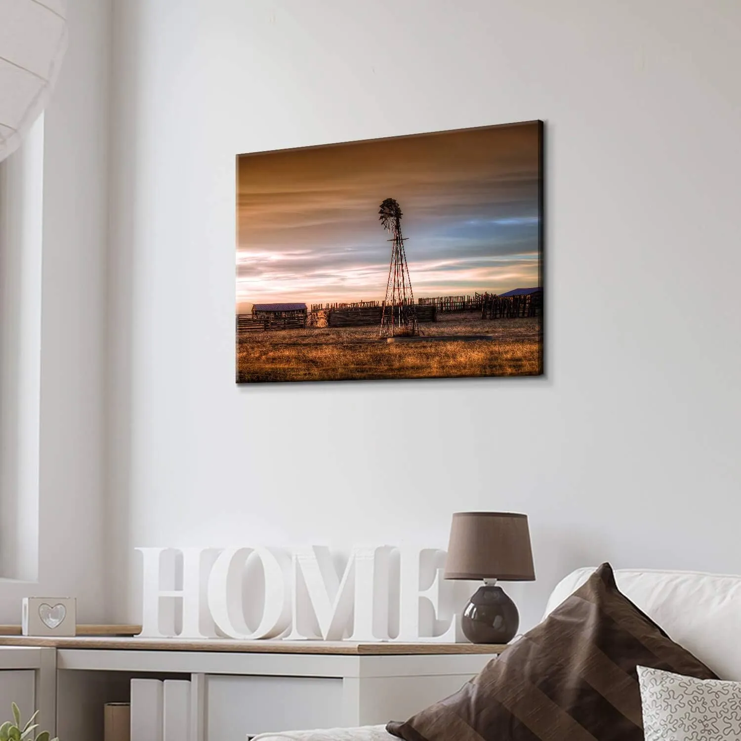 Hardy Gallery Windmill Artwork Rustic Landscape Picture: Farmhouse Painting Wall Art Print on Canvas for Bedroom (36'' x 24'' x 1 Panel)