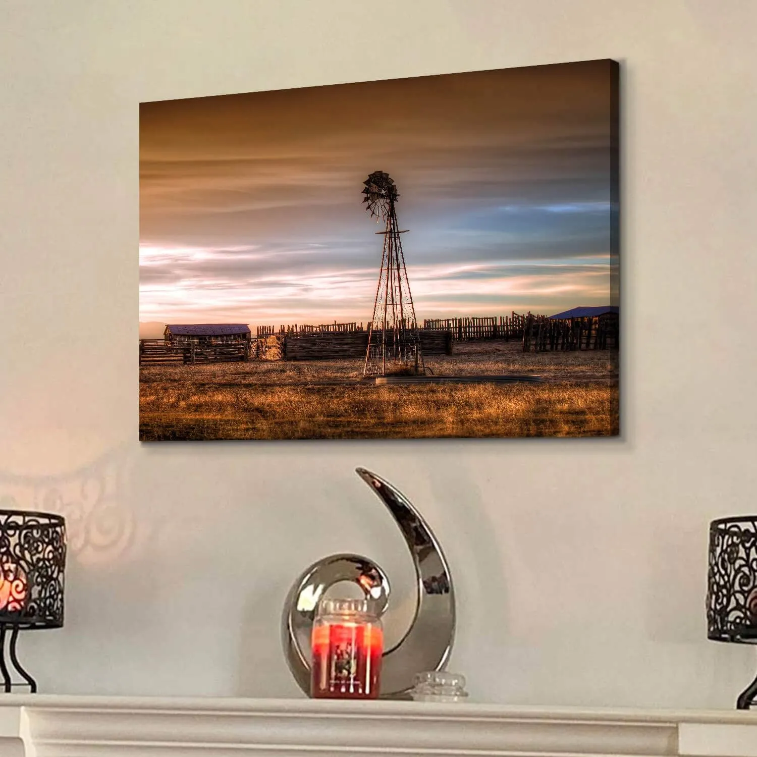 Hardy Gallery Windmill Artwork Rustic Landscape Picture: Farmhouse Painting Wall Art Print on Canvas for Bedroom (36'' x 24'' x 1 Panel)
