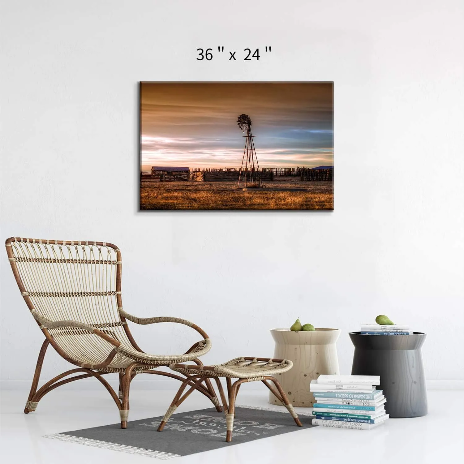 Hardy Gallery Windmill Artwork Rustic Landscape Picture: Farmhouse Painting Wall Art Print on Canvas for Bedroom (36'' x 24'' x 1 Panel)