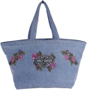 Harley-Davidson Women's Embroidered Bar & Shield Rose Denim Overnight Tote, Blue