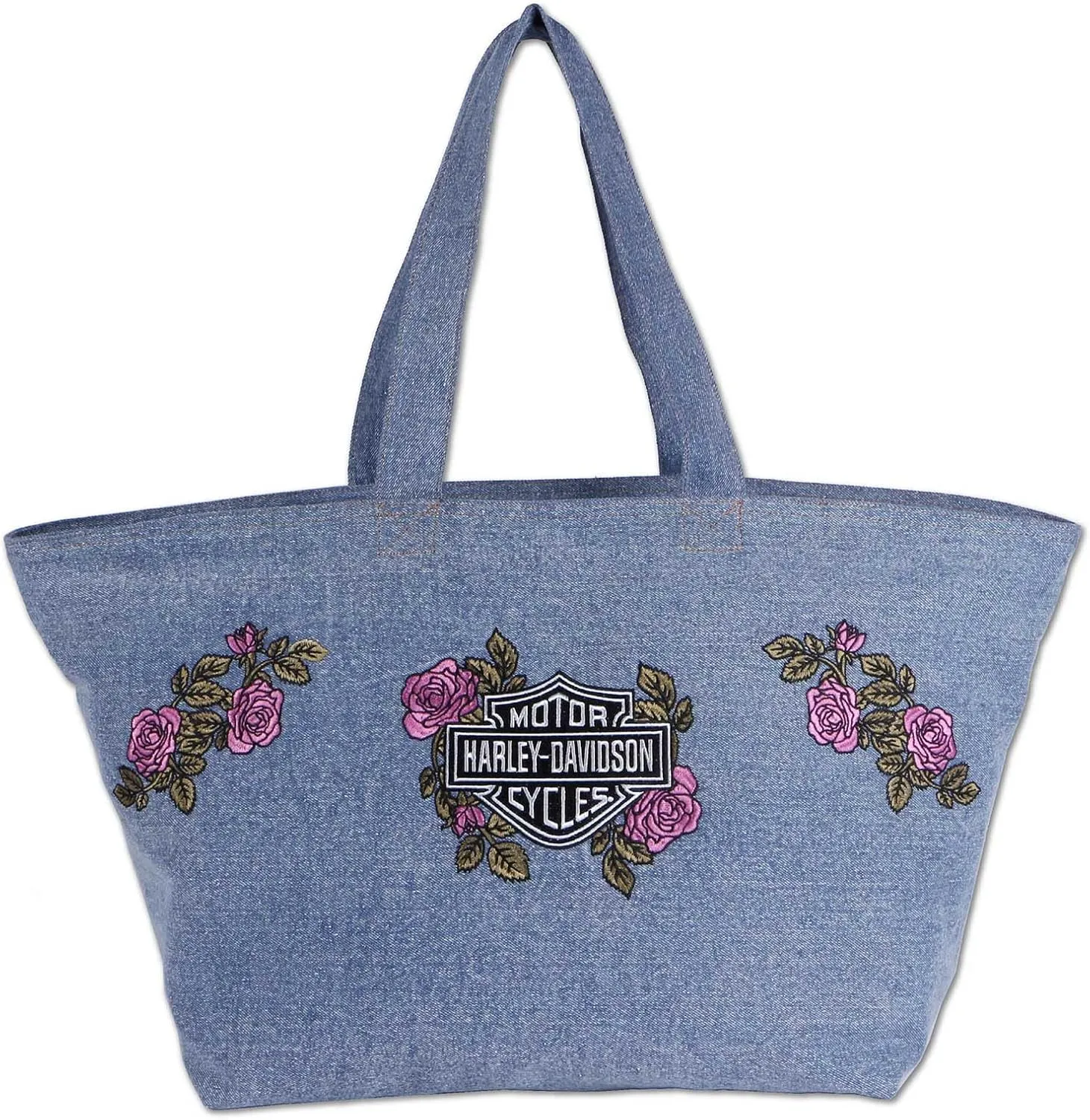 Harley-Davidson Women's Embroidered Bar & Shield Rose Denim Overnight Tote, Blue