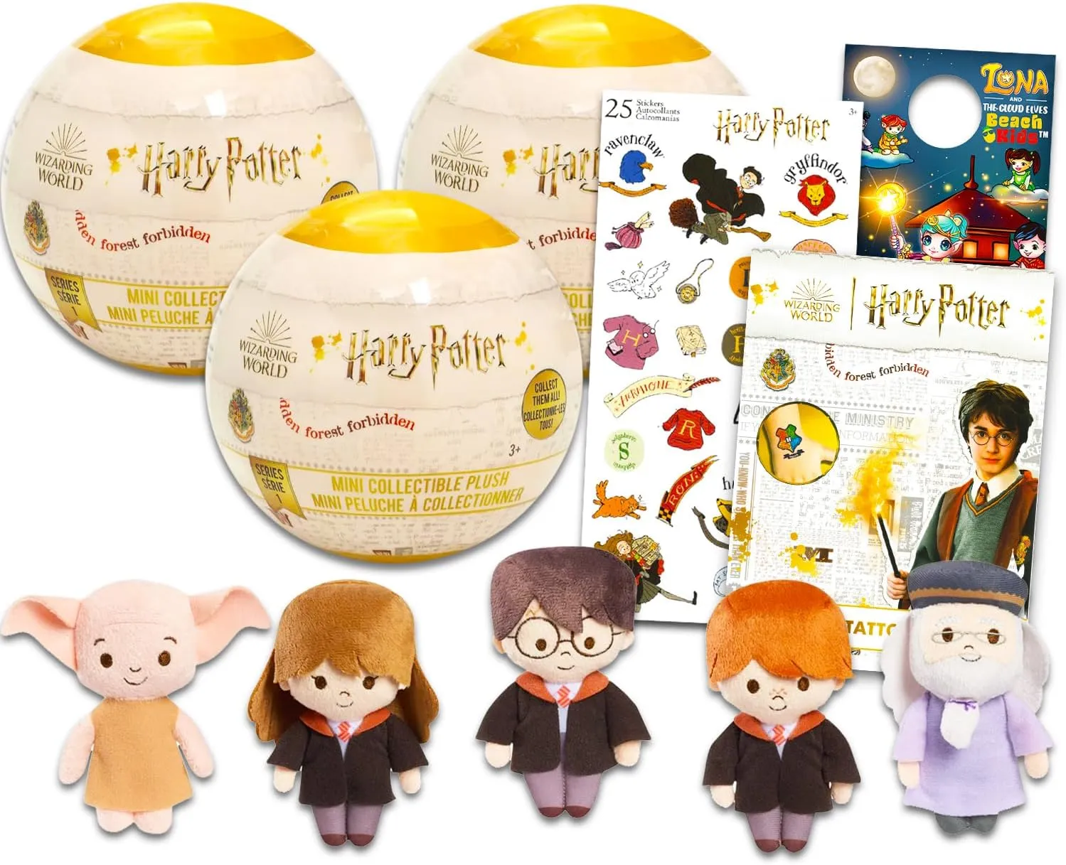 Harry Potter Blind Bag Plushie Party Favor 3 Pack - Bundle with 3 Mystery Plush Figures Plus Stickers, More