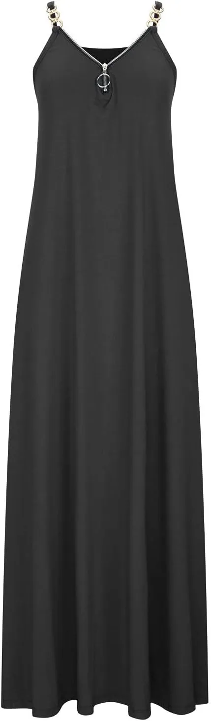 Hawaiian Dresses for Women 2023 Fashion Sleeveless Zipper v Neck Chain Strap Dress Casual Summer Beach Long Sundress