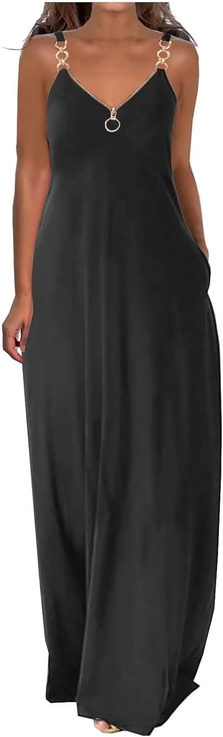 Hawaiian Dresses for Women 2023 Fashion Sleeveless Zipper v Neck Chain Strap Dress Casual Summer Beach Long Sundress