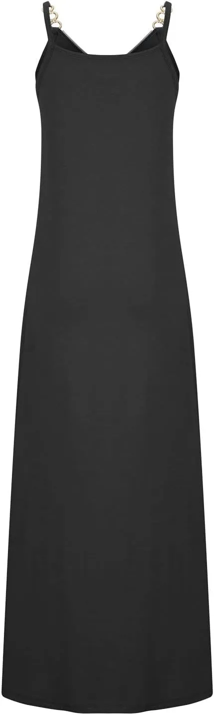 Hawaiian Dresses for Women 2023 Fashion Sleeveless Zipper v Neck Chain Strap Dress Casual Summer Beach Long Sundress