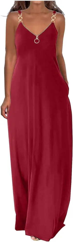 Hawaiian Dresses for Women 2023 Fashion Sleeveless Zipper v Neck Chain Strap Dress Casual Summer Beach Long Sundress