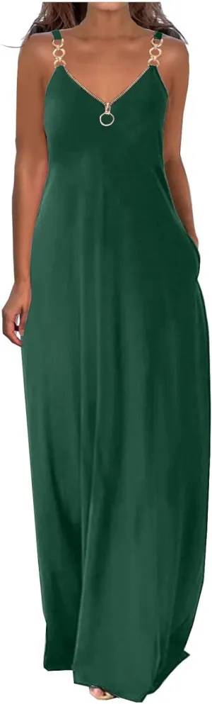 Hawaiian Dresses for Women 2023 Fashion Sleeveless Zipper v Neck Chain Strap Dress Casual Summer Beach Long Sundress