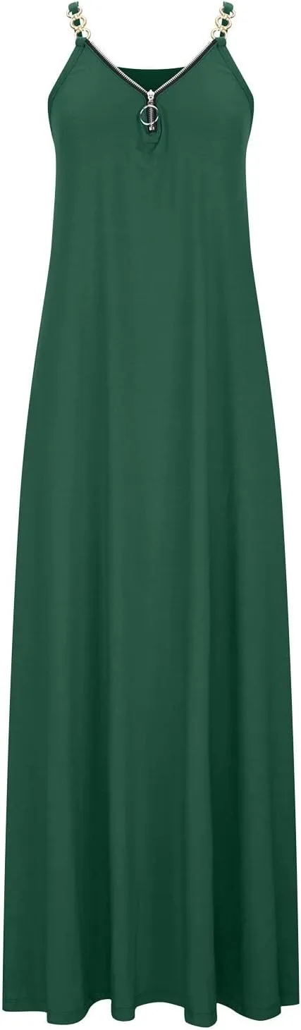 Hawaiian Dresses for Women 2023 Fashion Sleeveless Zipper v Neck Chain Strap Dress Casual Summer Beach Long Sundress