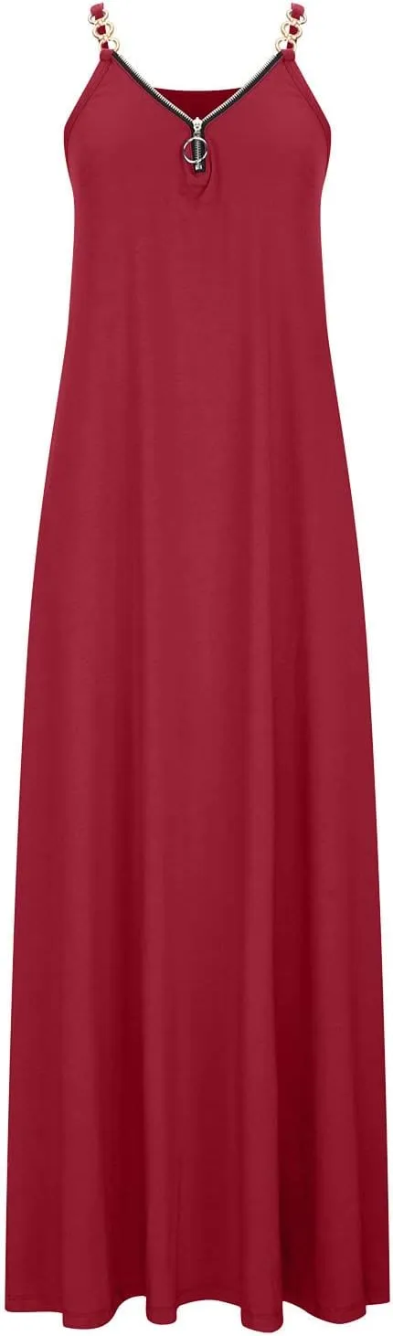 Hawaiian Dresses for Women 2023 Fashion Sleeveless Zipper v Neck Chain Strap Dress Casual Summer Beach Long Sundress