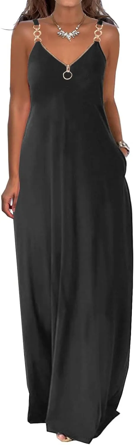 Hawaiian Dresses for Women 2023 Fashion Sleeveless Zipper v Neck Chain Strap Dress Casual Summer Beach Long Sundress