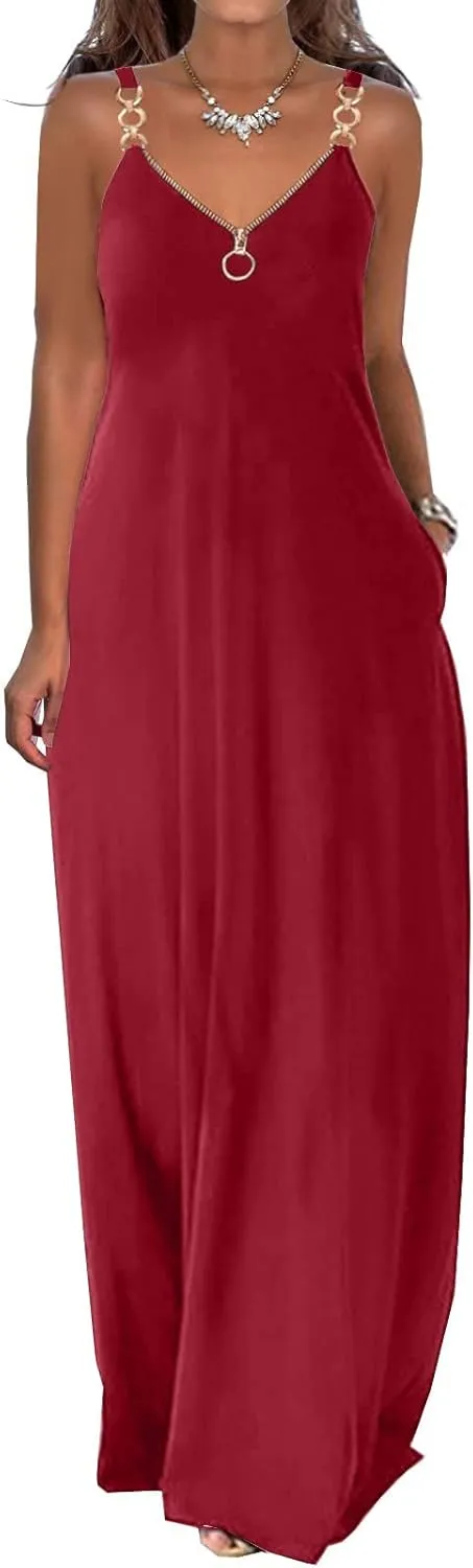 Hawaiian Dresses for Women 2023 Fashion Sleeveless Zipper v Neck Chain Strap Dress Casual Summer Beach Long Sundress