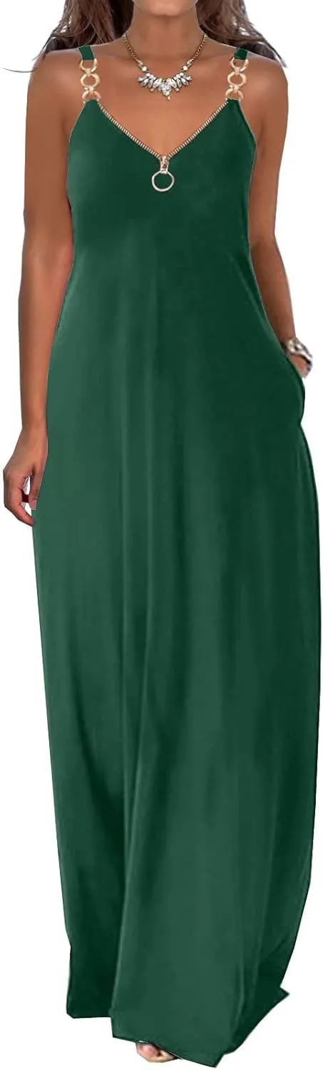 Hawaiian Dresses for Women 2023 Fashion Sleeveless Zipper v Neck Chain Strap Dress Casual Summer Beach Long Sundress
