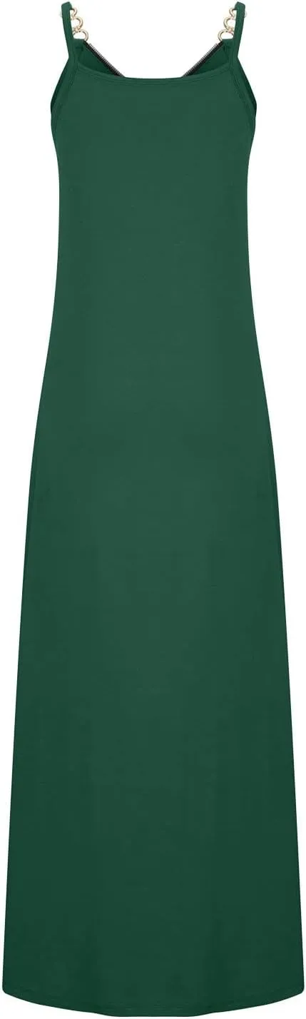 Hawaiian Dresses for Women 2023 Fashion Sleeveless Zipper v Neck Chain Strap Dress Casual Summer Beach Long Sundress